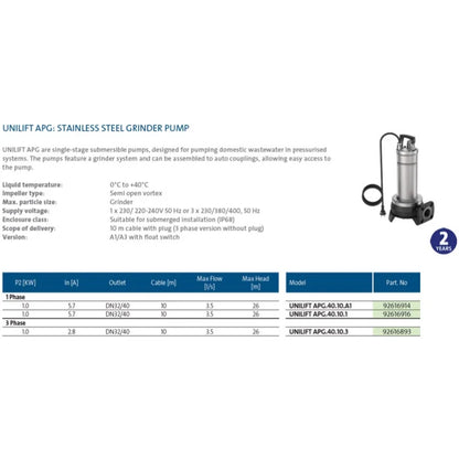 Grundfos UNILIFT APG.40.10.A1 Submersible Grinder Pump  - Automatic Float Switch 92616914 (SP25+25+22F)